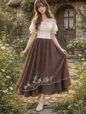Vintage maxi skirt S/M brown/white polkadots tiered layers embroidery florals